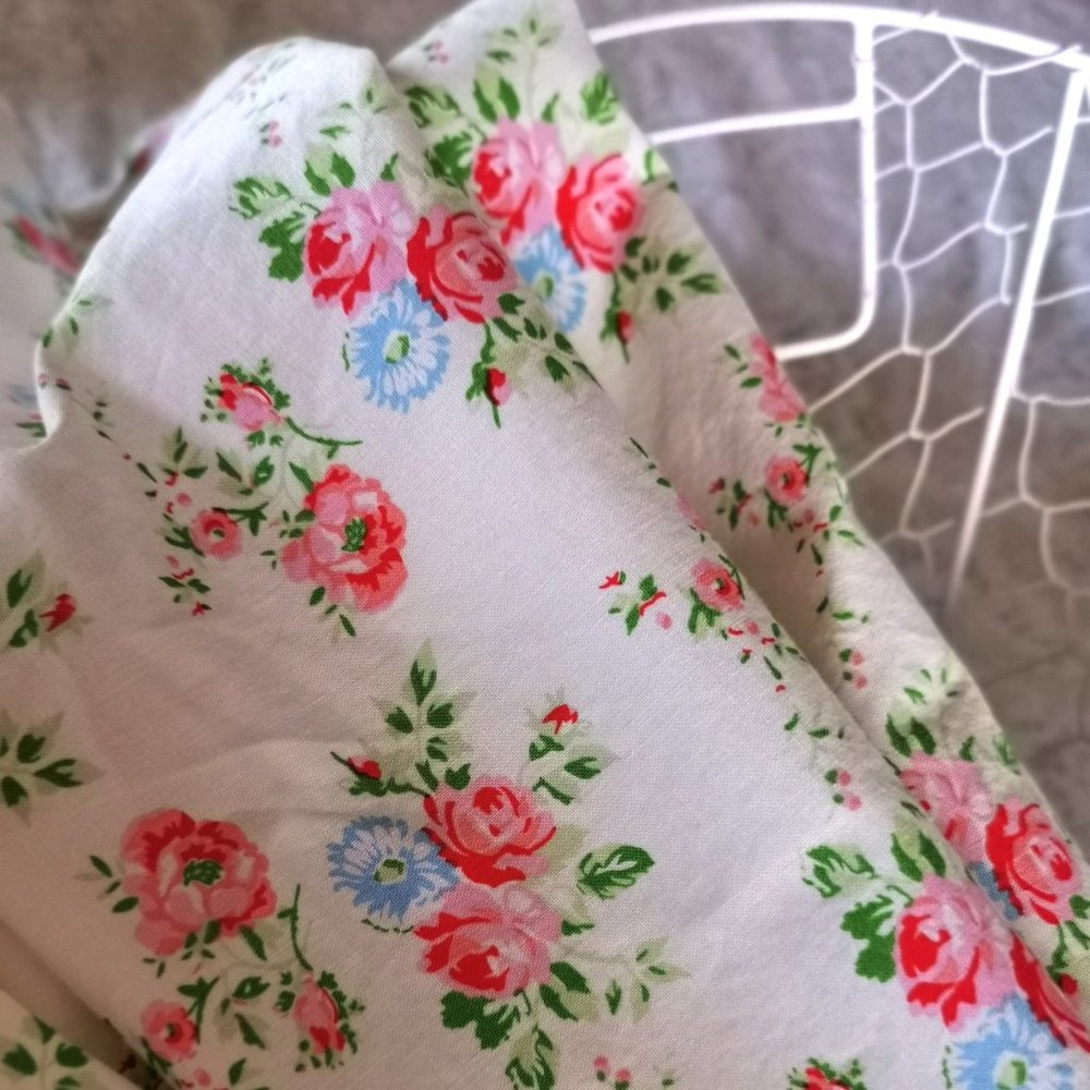 Cotton fabric floral white pink blue green shabby chic french country